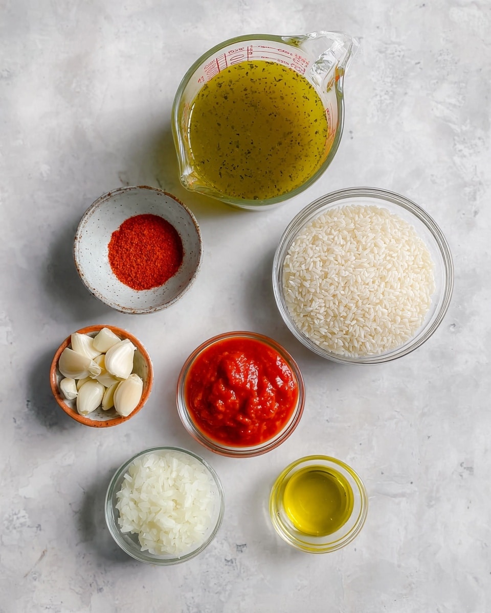 The image shows seven small bowls and a glass measuring cup arranged on a white marbled surface. The glass measuring cup at the top left holds a thick greenish-yellow liquid with a slightly speckled texture. To the right, a clear bowl is filled with uncooked white rice grains. Below the measuring cup on the left, there is a small clear bowl containing bright red tomato paste or sauce with a smooth texture. Near the center is a tiny ceramic bowl holding a fine bright red powder, likely a spice. At the bottom left, a clear bowl holds finely chopped white onions with a slightly translucent look. To the right of that, there are several peeled garlic cloves in a small clear bowl. Finally, at the bottom right corner, a small glass container holds a small amount of yellowish oil. The items are neatly spaced with a clean and bright presentation, photo taken with an iphone --ar 4:5 --v 7