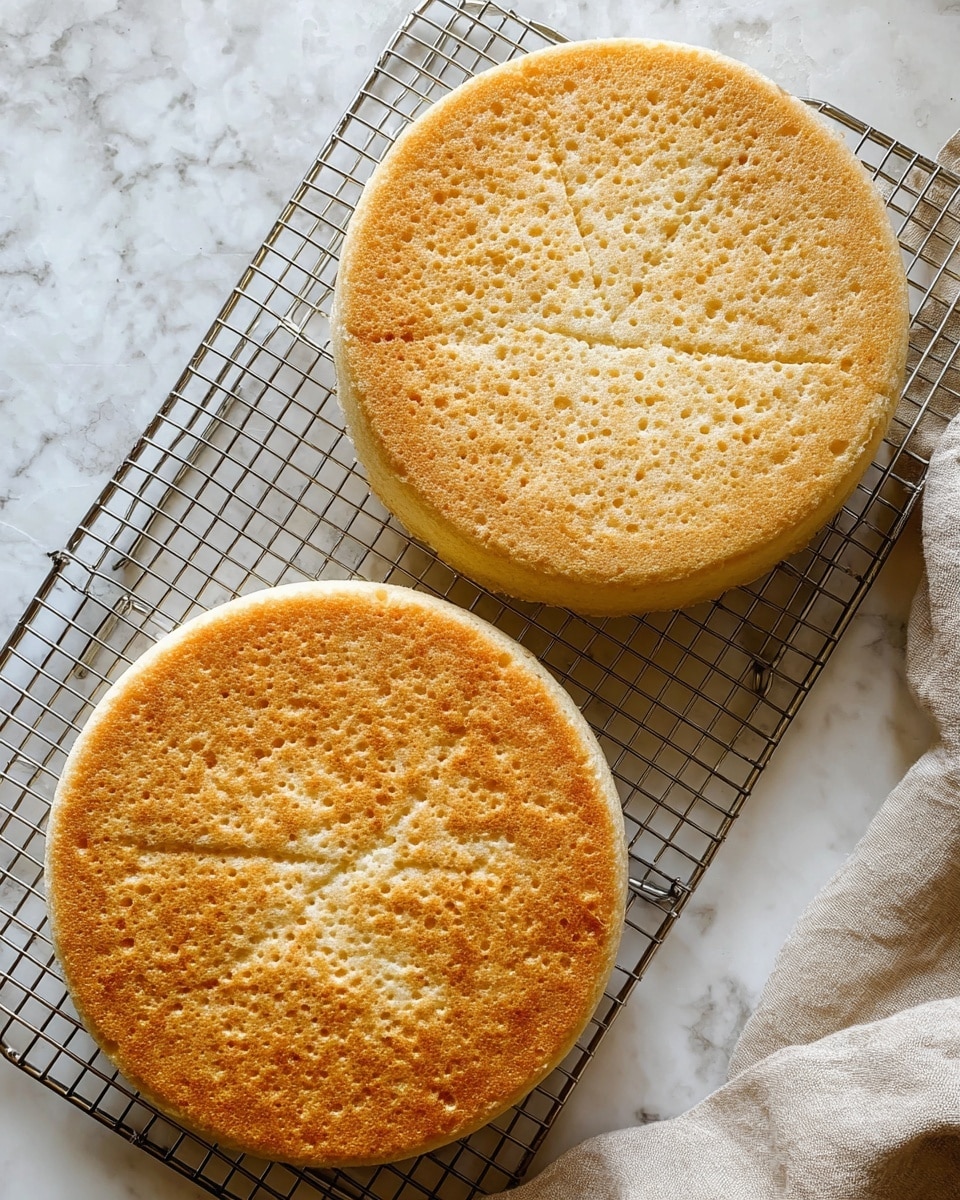 Two round cake layers with a golden brown top and light beige texture are cooling on a wire rack. Each layer shows a slightly rough surface with small air holes and a light pattern dividing the cakes into segments. The wire rack sits on a white marbled texture, with a beige cloth in the top right corner. Photo taken with an iphone --ar 4:5 --v 7