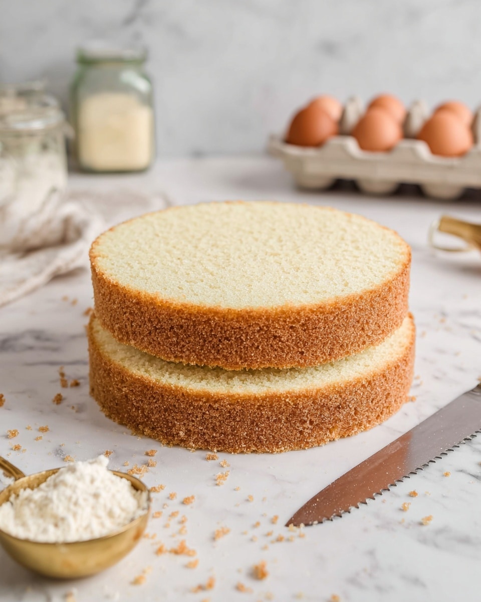 Two round cake layers are stacked on top of each other on a white marbled surface, each layer is a light golden brown with a soft and crumbly texture. The edges of the cake layers show a slight browned crust. Around the cake, there are scattered crumbs, a serrated knife placed to the right side of the cake layers, and blurred baking items in the background including brown eggs in a white carton, jars, and a brass measuring scoop filled with white flour. The scene looks bright and clean, with a kitchen baking atmosphere. photo taken with an iphone --ar 4:5 --v 7