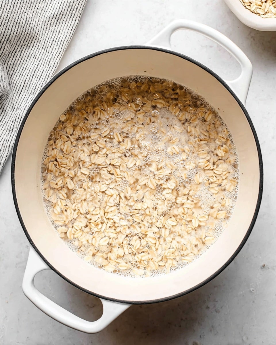 A white pot filled with light beige rolled oats partially covered by clear, slightly bubbly water. The oats form an uneven layer on top, showing a rough texture. The pot has two white handles on opposite sides and a black rim around the inside edge. The pot sits on a flat surface with a white marbled texture, and there is a partial view of a striped cloth in the top left corner and another bowl with a white inside on the top right. photo taken with an iphone --ar 4:5 --v 7