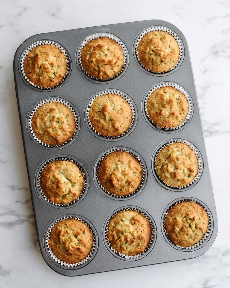 A gray metal muffin tray holds twelve muffins, each in a white paper liner. The muffins have a light brown, slightly rough top with green and white bits inside, showing a chunky texture. They sit evenly spaced in the tray on a white marbled surface that adds a clean, bright look to the image. photo taken with an iphone --ar 4:5 --v 7
