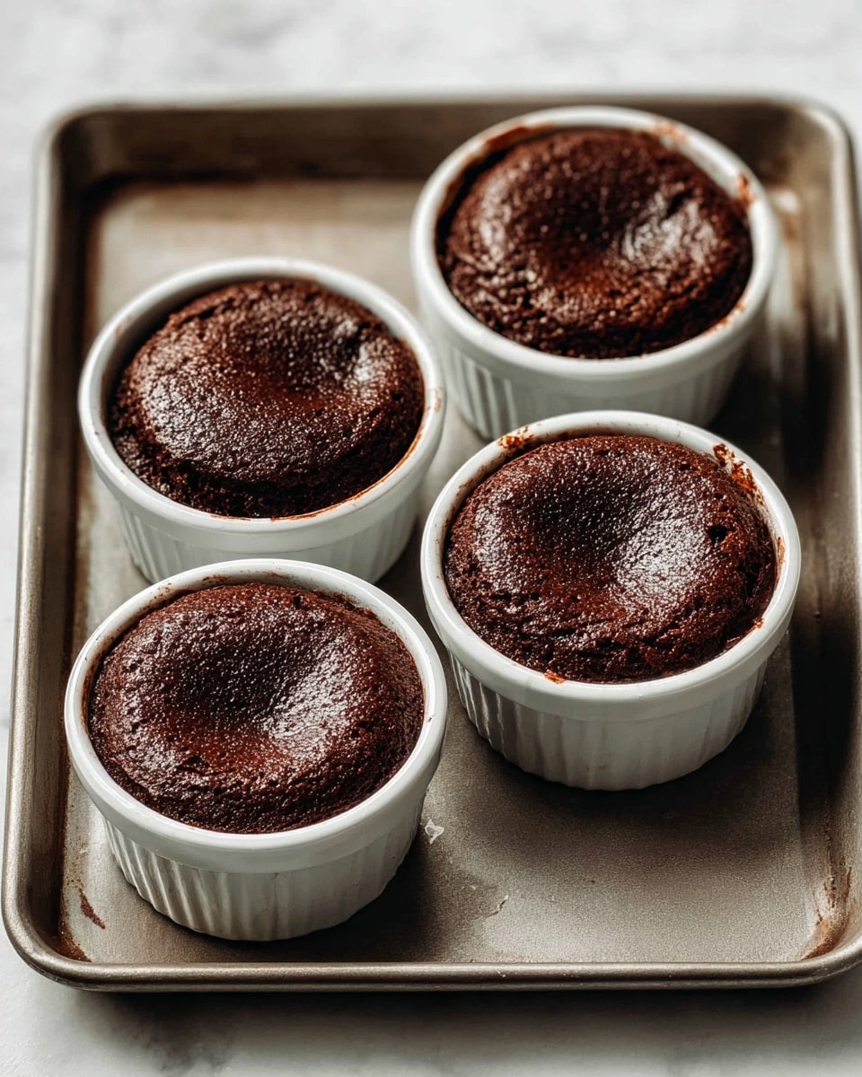 There are four white ramekins filled with rich, dark brown chocolate cakes placed on a metal baking tray. Each cake has a slightly cracked and shiny top layer, showing a moist texture underneath. The cakes almost reach the edge of the ramekins, creating a rounded dome shape on top. The tray is set on a white marbled surface, which contrasts softly with the deep brown color of the cakes. photo taken with an iphone --ar 4:5 --v 7