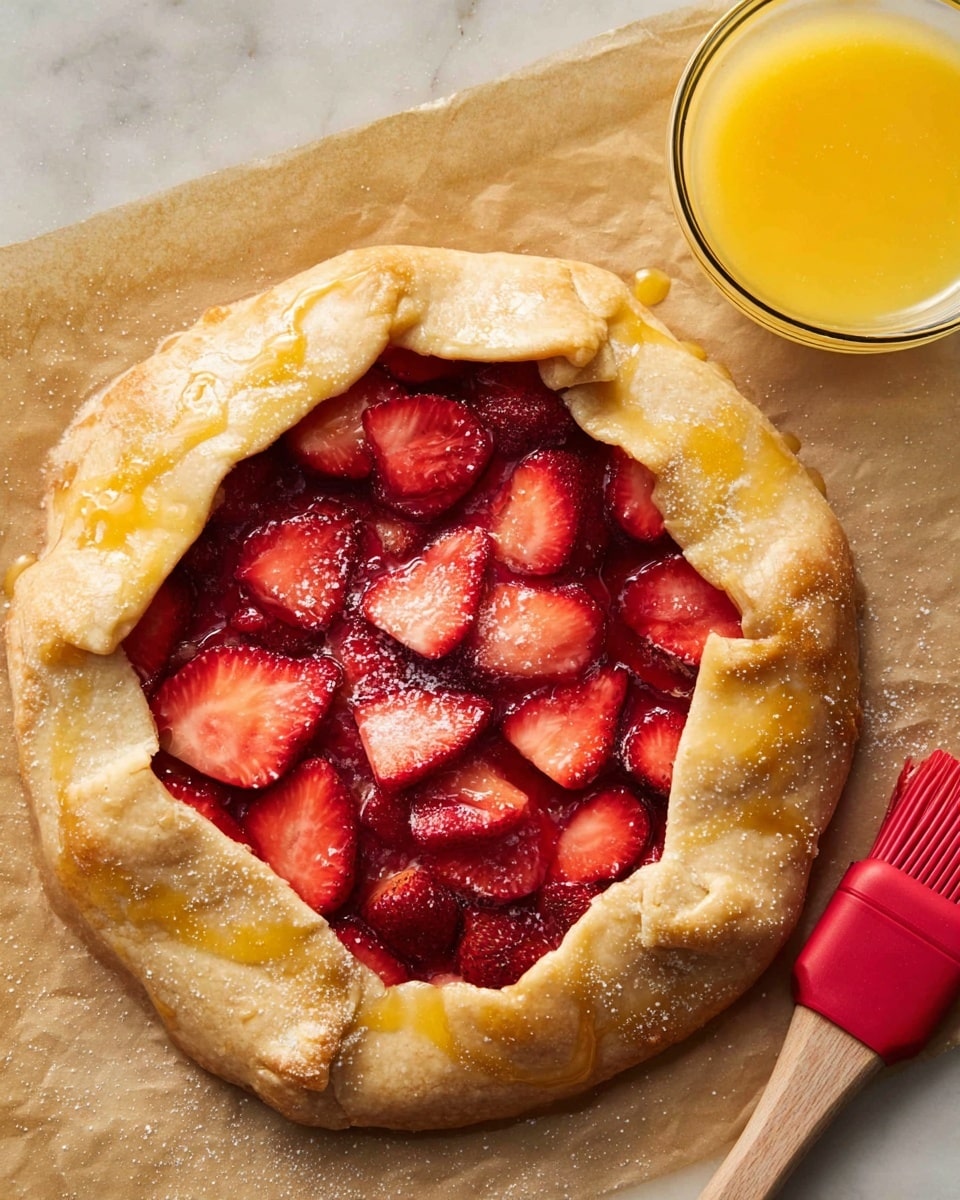 A round, rustic galette with one layer of thick, rough-textured golden dough folded over the edges, covering part of a bright red sliced strawberry filling inside. The strawberries shine with a light sprinkle of sugar, and the dough edge is brushed with a glossy yellow egg wash, partially shiny and uneven. The galette sits on parchment paper over a white marbled surface. A red silicone brush lies to the right, next to a small glass bowl filled with the yellow egg wash. Photo taken with an iphone --ar 4:5 --v 7