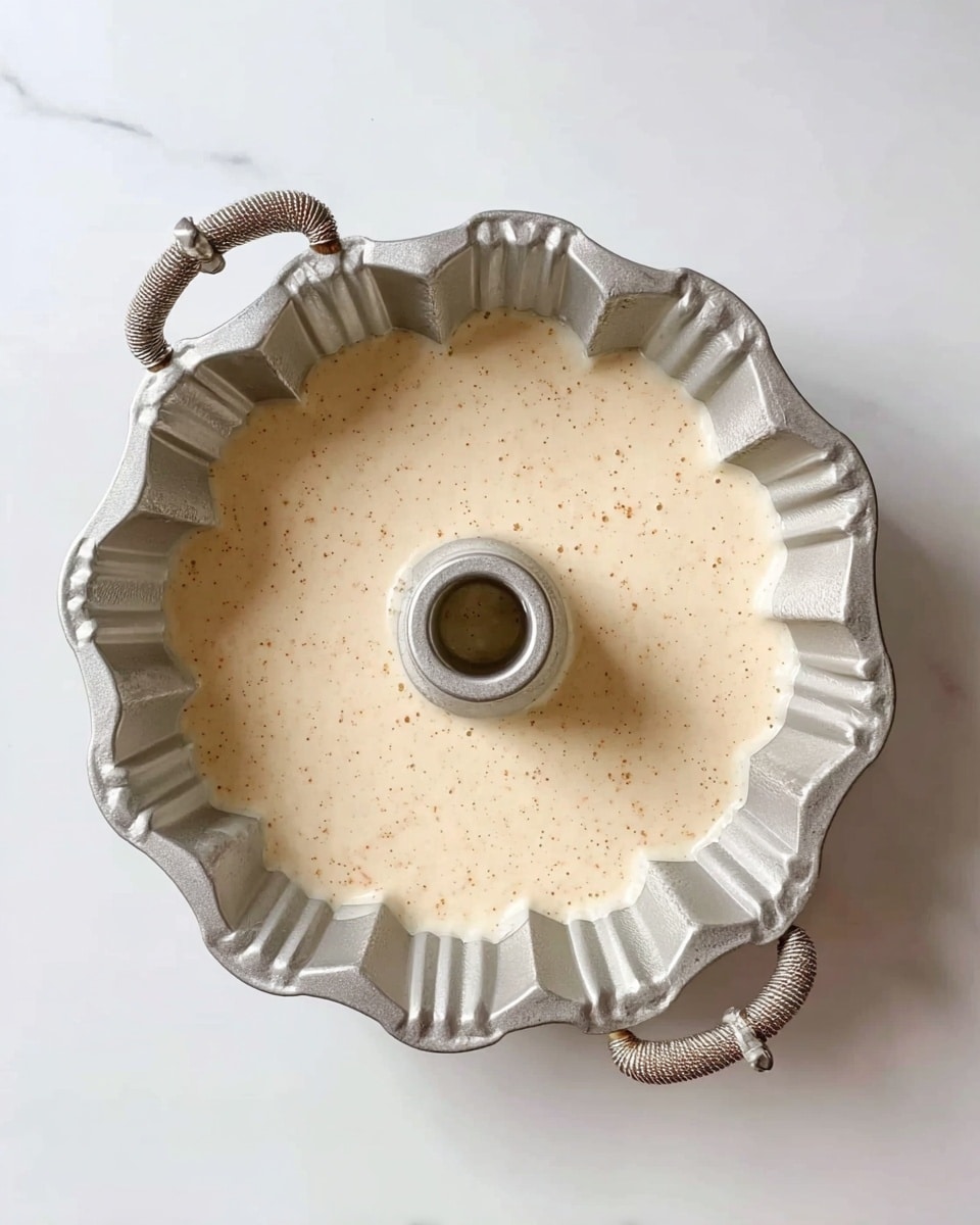 A top view of an unbaked light beige cake batter in a silver Bundt pan with a hollow center and scalloped edges. The batter looks smooth with tiny bubbles on the surface. The pan has two handles with a twisted rope design and rests on a white marbled surface. photo taken with an iphone --ar 4:5 --v 7