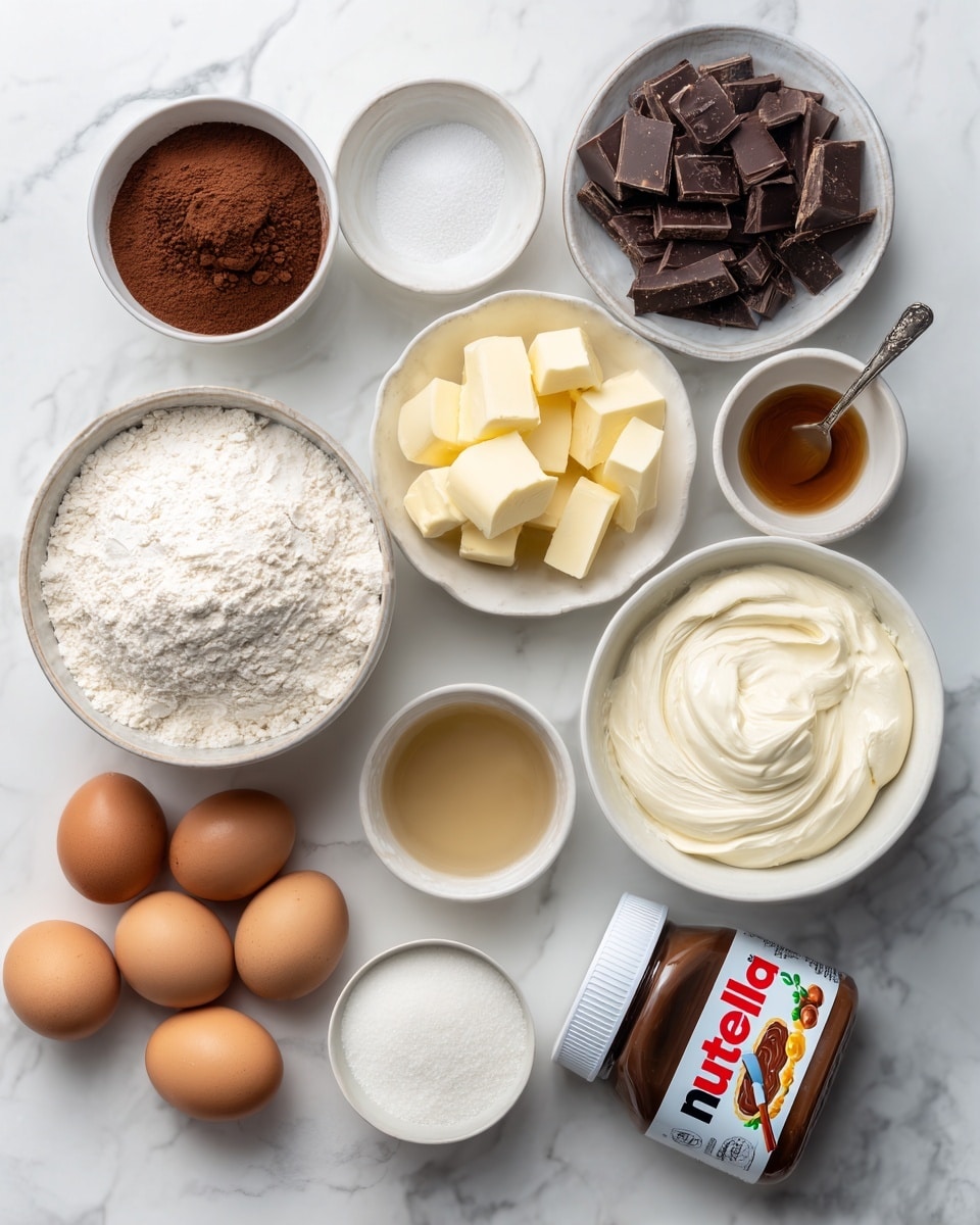 The image shows two groups of baking ingredients on a white marbled surface. On the left side, there are three brown eggs, a small bowl of dark brown espresso powder, a small bowl of white salt, a larger white bowl filled with white flour, a white bowl with dark chocolate chunks, a small white bowl with yellow butter cubes, and a small white bowl of white sugar, all arranged neatly in a loose circle. On the right side, there are two brown eggs, a small bowl of light brown vanilla liquid, a small white bowl of white sour cream, a large white bowl with cream cheese, a white bowl filled with white sugar, and a jar of Nutella with a white lid tilted slightly to the side. The scene is bright and clean with the ingredients evenly spaced. Photo taken with an iphone --ar 4:5 --v 7