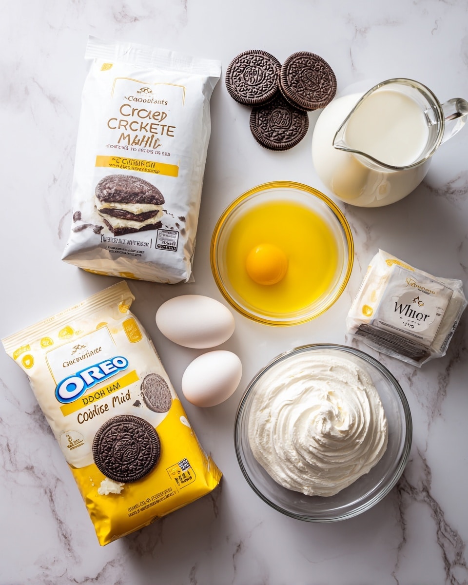 A rectangular metal pan filled with a dessert that has three visible layers: a thick white creamy layer on top, a middle layer that is not visible but implied to be soft, and a firm base underneath. The top layer is covered with dark chocolate cookie pieces, some are whole halves placed unevenly across the surface, while smaller crushed cookie bits scatter around them. Thin streams of dark chocolate syrup are drizzled in random lines over the cookies, adding a glossy dark contrast to the white creamy layer. The pan sits on a white marbled surface, and a few cookie crumbs are scattered around it. photo taken with an iphone --ar 4:5 --v 7