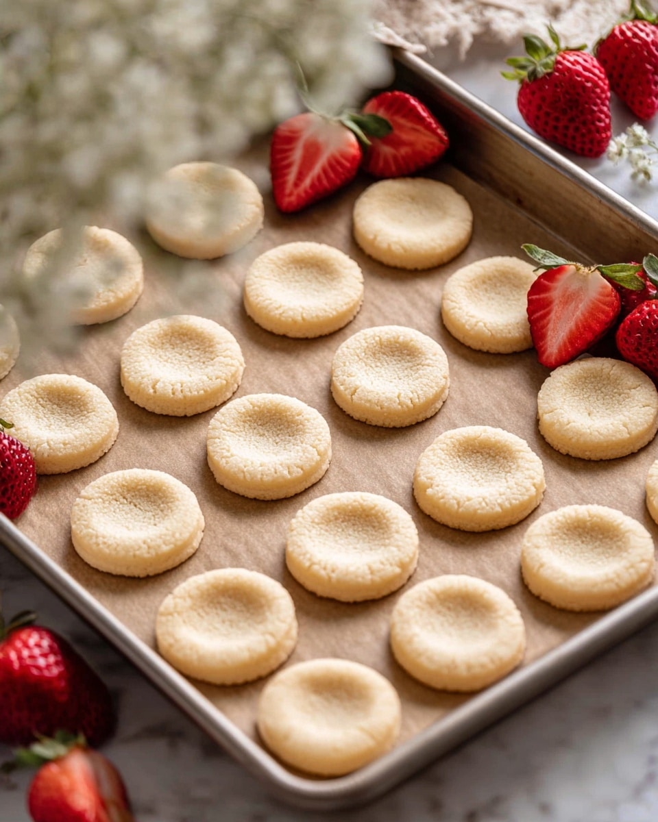 A metal baking tray lined with brown parchment paper holds 20 round cookies arranged in a loose grid. Each cookie is pale golden with a smooth, slightly concave center and a soft texture. Around the tray, fresh strawberries are placed, some whole and some sliced in half, showing bright red, juicy interiors. The background is a white marbled surface with soft lighting, and delicate white flowers blur in the foreground. Photo taken with an iphone --ar 4:5 --v 7