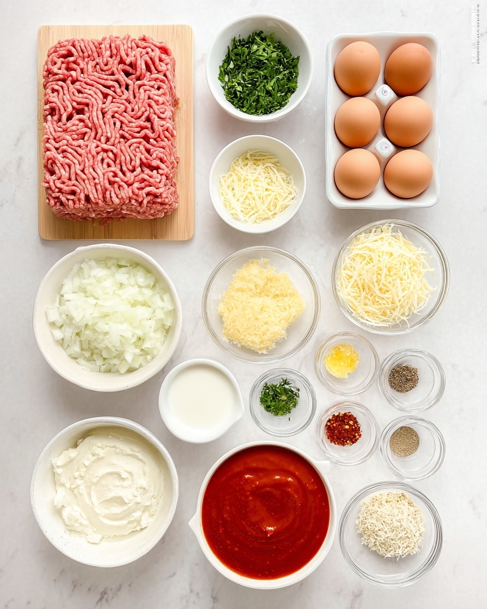 The image shows a flat lay of cooking ingredients arranged neatly on a white marbled surface. On the left, there is a block of raw ground meat with a pink color and strand-like texture placed on a light wooden board. Above the ground meat, a small white bowl holds chopped fresh green herbs, and next to it is a white tray with six brown eggs. Below the herbs, a small clear bowl contains light yellow minced garlic. To the right of the garlic, there is a small clear bowl with red chili flakes and another clear bowl holding light yellow cooking oil. Below these, a white bowl is filled with smooth and thick red tomato sauce. On the far left, a white bowl is filled with finely chopped white onions, with a small bowl of white cream or milk next to it. At the bottom, three white bowls contain light-colored powdered seasonings and shredded pale yellow cheese. Small clear bowls with dried herbs, black pepper, and a light brown seasoning are also visible in the middle. The ingredients are arranged in rows, showing a variety of colors and textures with clean, crisp lighting. Photo taken with an iphone --ar 4:5 --v 7