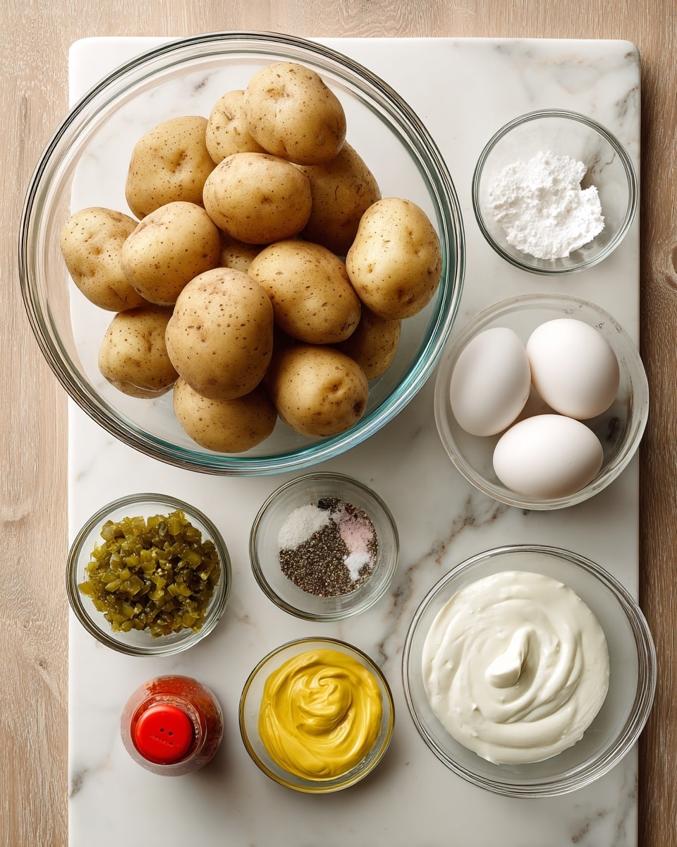 The image shows several clear glass bowls arranged neatly on a white marbled surface with a wooden texture in the background. In the center is a large bowl filled with light brown baby potatoes. To the top right of this bowl, there is a smaller bowl holding two white boiled eggs. Below that is another small bowl with a thick white mayo sauce, and beside it is a bowl containing a bright yellow mustard dollop. Above the potatoes and to the left are two smaller bowls, one with green pickle relish and the other with white salt and black pepper mixed together. To the left side of the potatoes, there is a small red bottle of smoked paprika. The overall setup looks organized and clean, showing ingredients ready to be mixed. photo taken with an iphone --ar 4:5 --v 7