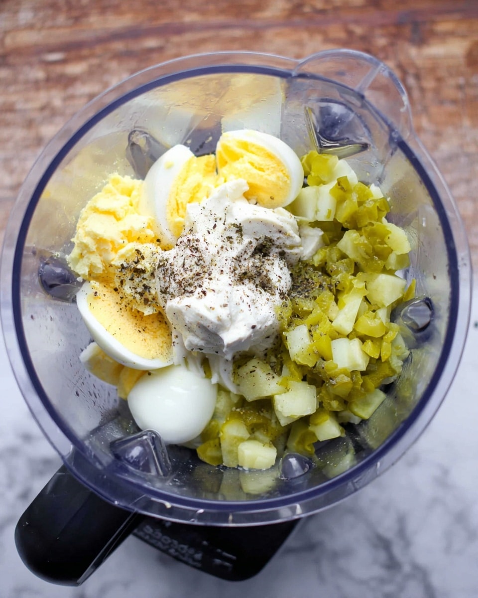 This image shows a clear blender bowl with several ingredients inside. There are chopped yellow hard-boiled eggs with white and yellow layers visible, placed around the edges. Bright green chopped pickles occupy one side, looking finely diced. In the center, there is a dollop of white creamy mayonnaise, sprinkled with black pepper all over. The blender container has a black handle and base, and the surface under it is a white marbled texture. photo taken with an iphone --ar 4:5 --v 7