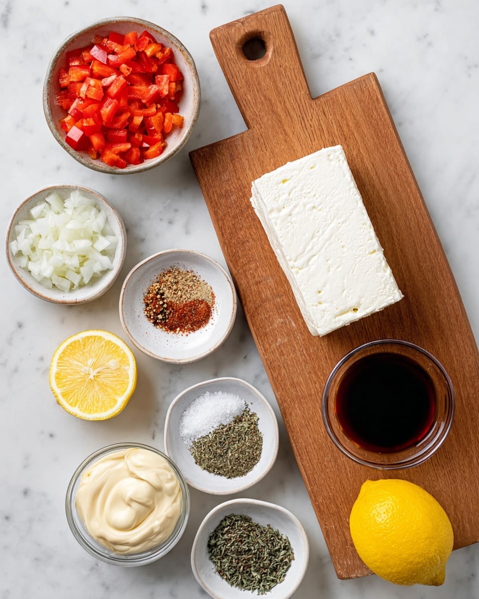 A rectangular block of plain white cream cheese rests on a wooden cutting board placed on a white marbled surface. Surrounding it are several small white bowls with ingredients: one bowl holds finely chopped red bell peppers, another has finely chopped white onions, and a third contains a mixture of dried herbs and spices in four separate piles—salt, black pepper, thyme, and paprika. Nearby are two halves of a bright yellow lemon and a small glass bowl with a dark brown liquid, likely soy sauce, along with a small bowl holding creamy mayonnaise. All items are neatly arranged and clearly visible. photo taken with an iphone --ar 4:5 --v 7