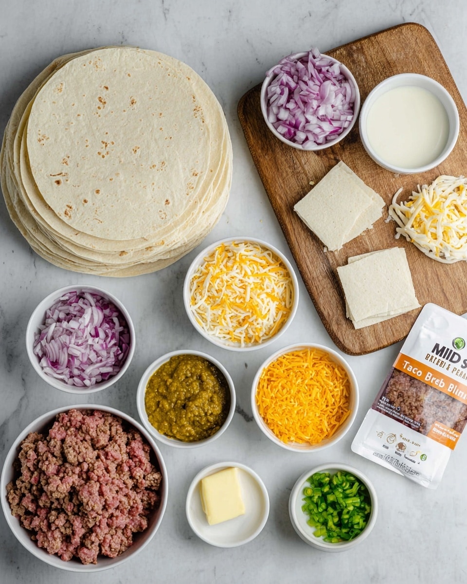 The image shows several small white bowls filled with ingredients arranged on a white marbled surface. On the left, there is a stack of round tortillas and a wooden board holding square white cheese slices. The small bowls contain raw ground meat, shredded yellow and white cheese, chopped red onions, a yellowish sauce, seasoned yellow rice, chopped green chilies, and a small block of butter. There is also a white bowl with a liquid, possibly cream or milk, and a seasoning packet labeled