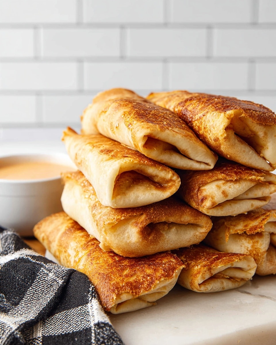 A stack of six folded, golden-brown wraps sit closely together on a white marbled surface, with a crispy, slightly darker golden layer on top of each wrap showing a crunchy texture. The wraps' dough appears soft and light beige with subtle folds visible on the sides and ends. Behind the wraps, a part of a black and gray checkered cloth is visible, and a small white bowl with a creamy light orange sauce sits partially in the background. The scene is set against a tiled white wall. photo taken with an iphone --ar 4:5 --v 7