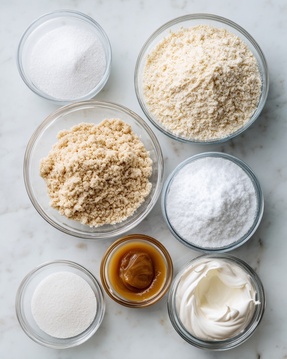 The image shows six clear glass bowls arranged on a white marbled surface. The top right bowl contains fine white sugar with a smooth texture; below it, a bowl filled with light beige almond flour that has a slightly grainy texture. To the left of the almond flour is a bowl filled with bright white powdered sugar that looks fluffy. Below the powdered sugar is a small bowl with smooth, golden-brown salted caramel. To the right of that is a bowl holding clear, pale yellow egg whites with a slightly liquid texture. The smallest bowl, at the bottom left, contains a fine white powder labeled cream of tartar. Each bowl is neatly labeled with black text on a white background. photo taken with an iphone --ar 4:5 --v 7