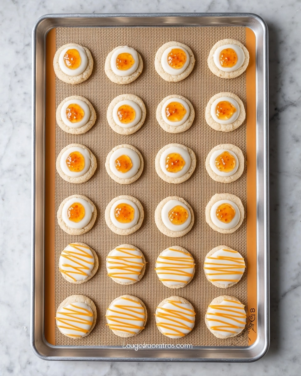 The image shows a baking tray with 24 round cookies arranged in a 6 by 4 grid on a tan silicone baking mat. On the left and right columns, the cookies have two layers: a bottom white round cookie and a top layer of a small dollop of orange jam in the center, creating a slightly textured look. The middle columns have single-layer white round cookies with two parallel orange stripes of glaze across the middle, adding smooth and shiny texture. The tray is set on a white marbled surface. Photo taken with an iphone --ar 4:5 --v 7