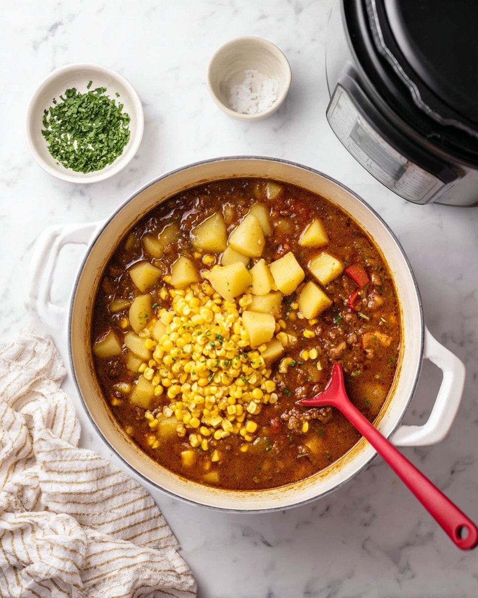 A white pot filled with a stew that has three main layers: the bottom layer shows a dark brown meat and sauce mixture with small red bits, the middle layer has bright yellow corn kernels spread mostly on the right side and a few scattered in the center, and the top layer consists of light yellow chunks of potatoes gathered near the center. A red spoon sticks into the pot from the right side. The pot sits on a white marbled surface, next to a small white bowl filled with chopped green herbs, an empty white bowl, and a black kitchen appliance. A white cloth with beige stripes lies near the bottom left corner of the pot. Photo taken with an iphone --ar 4:5 --v 7