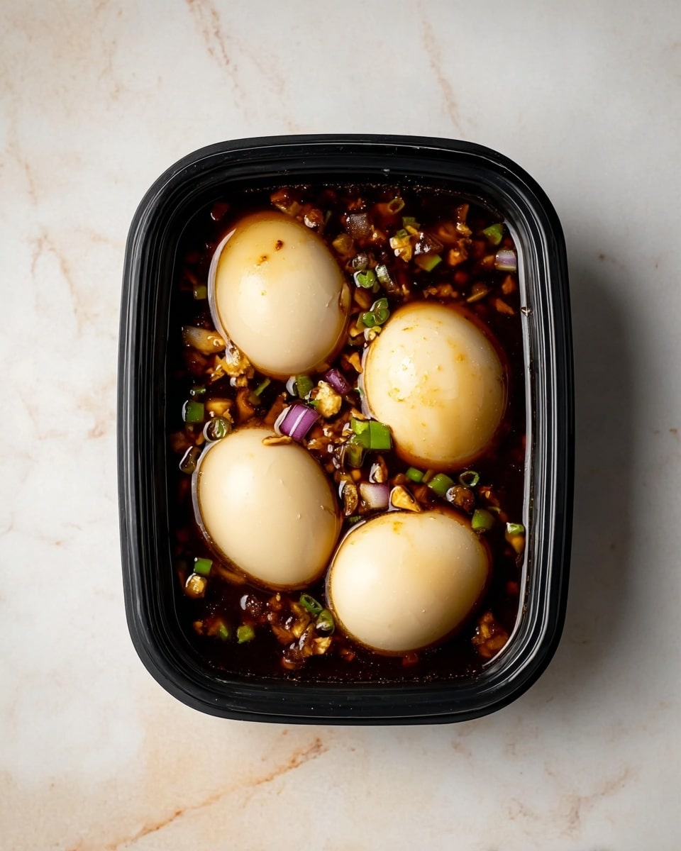 The image shows four smooth, light beige boiled eggs partially submerged in a dark brown soy-based sauce inside a black rectangular container. The sauce has visible small chopped pieces of purple onion, green chili, and minced garlic or ginger scattered evenly around the eggs, giving a textured look. The container sits on a white marbled surface that contrasts with the dark container and sauce. The photo is well lit from above, casting a slight shadow on the left side of the container. photo taken with an iphone --ar 4:5 --v 7