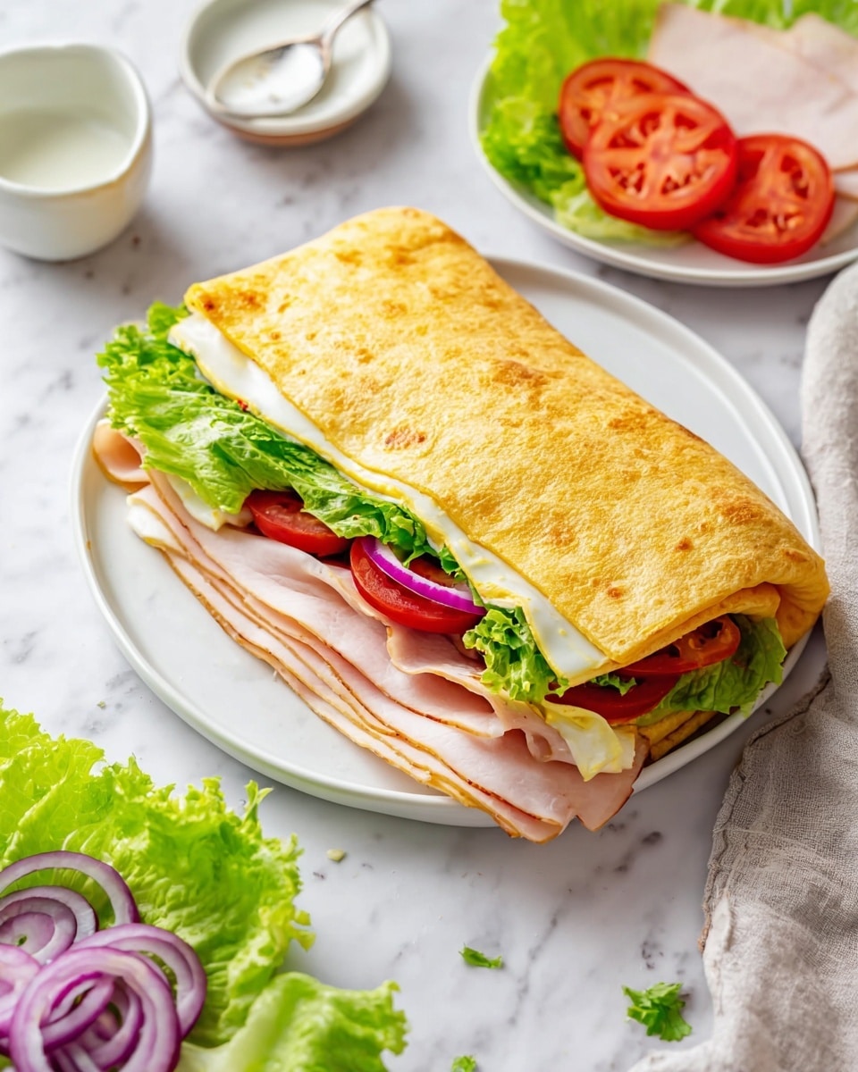 The image shows a sandwich with two layers of light golden eggs as bread, one on top and one at the bottom, both with a slightly textured surface. Inside the sandwich, from bottom to top, there is a spread of white sauce, bright green leafy lettuce, thin slices of pale pink turkey, a slice of white cheese, red tomato slices, and strips of purple and white onion, all stacked neatly. The sandwich is on a white plate placed on a white marbled surface. Around the plate, there are fresh green lettuce leaves, slices of turkey and cheese on a white plate, and small bowls with onion slices and white sauce with a spoon. The photo was taken with an iphone --ar 4:5 --v 7