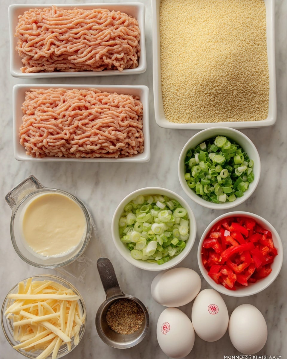The image shows two packs of light pink ground meat placed at the top on a white marbled surface. Below them is a white rectangular dish filled with pale yellow breadcrumbs. On the right side, there is a white bowl holding chopped green onions with white and dark green parts. Next to it is another white bowl filled with finely chopped red bell peppers. At the bottom left, there is a small clear glass bowl of thin pale yellow cheese strips, a small white ramekin containing a mix of brown and yellow spices, a metal measuring cup with creamy white mayonnaise, and two white eggs with red stamps on their shells. All ingredients are neatly arranged and viewed from above. Photo taken with an iphone --ar 4:5 --v 7