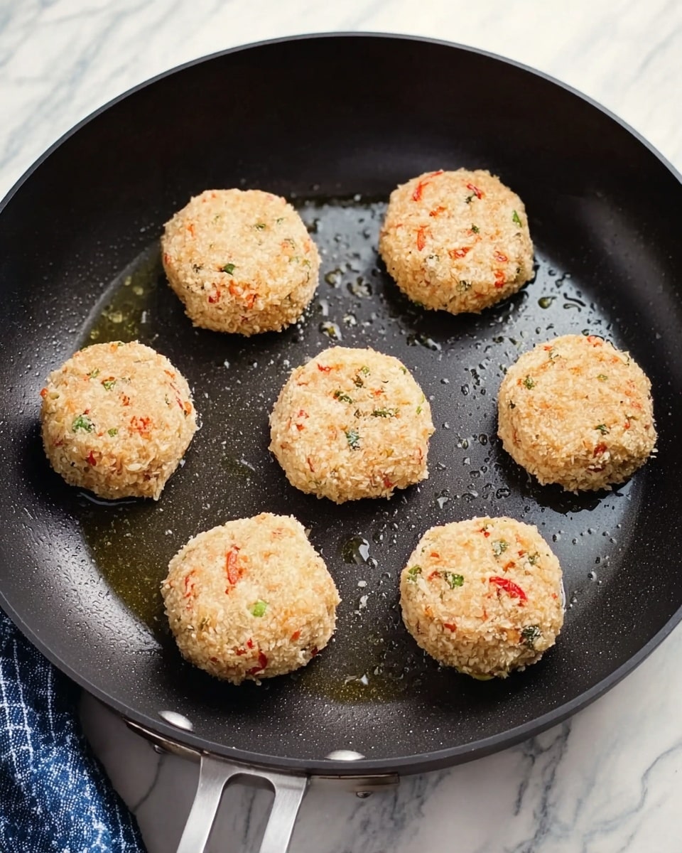 A black frying pan contains seven round beige patties spaced evenly apart with small bits of red and green visible inside the crumb coating. There is a small amount of oil scattered around the patties inside the pan. The pan sits on a white marbled surface with a blue and white checkered cloth partially visible at the corner. Photo taken with an iphone --ar 4:5 --v 7