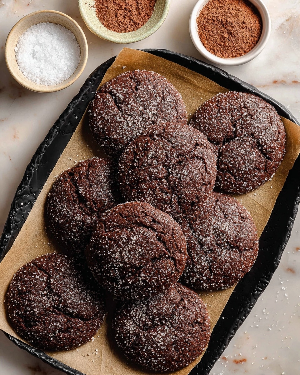 The image shows nine round chocolate cookies on a black tray lined with brown parchment paper, arranged close to each other. Each cookie has a dark brown color with a coarse sugar coating that sparkles and a slightly cracked but soft texture. The cookies are placed on a white marbled surface. Nearby, there are two small white bowls, one with light brown cocoa powder and the other with white granulated sugar. Photo taken with an iphone --ar 4:5 --v 7