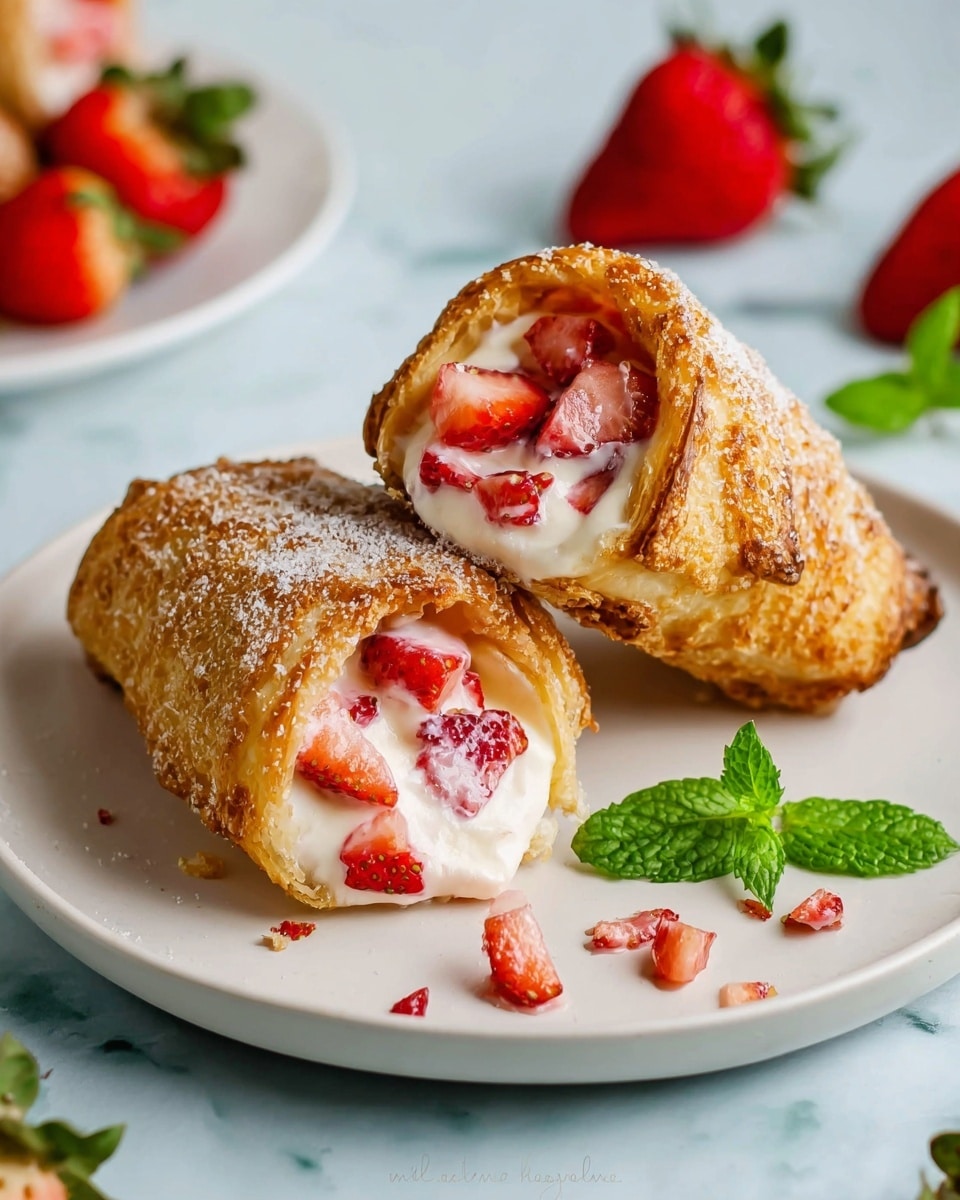 The image shows two pieces of golden-brown pastry rolls filled with creamy white filling mixed with fresh red strawberry chunks. One roll is lying flat on a white plate with small strawberry bits scattered around it, while the other is standing upright on the same plate, showing the filling inside. A green mint leaf is placed near the rolls, adding a fresh touch. The plate sits on a white marbled surface with more strawberry and mint in soft focus behind it. The texture on the pastries looks crisp and slightly sprinkled with sugar. Photo taken with an iphone --ar 4:5 --v 7