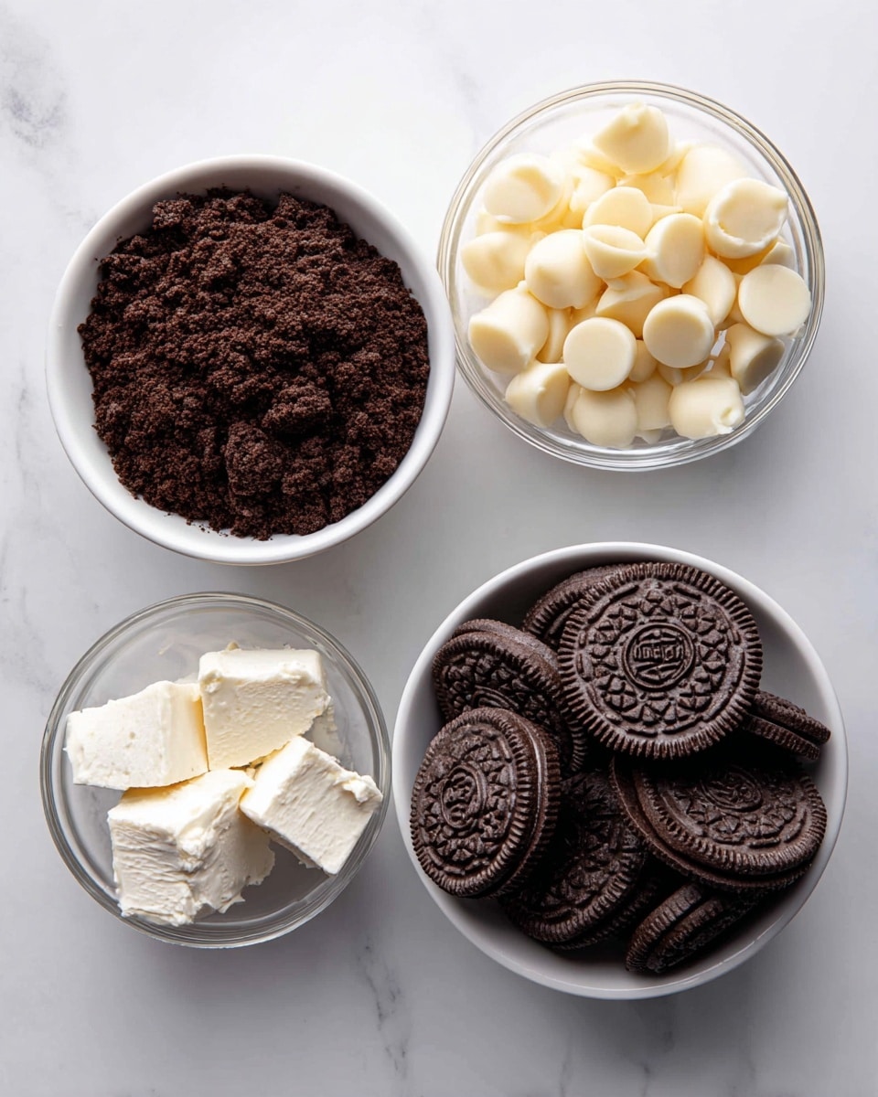 Four white bowls sit on a white marbled surface, each filled with different ingredients. In the top left bowl, dark brown Oreo cookie crumbs with a rough texture fill the bowl. To the right, a clear bowl holds smooth, pale yellow white chocolate chips that are round and shiny. Below the cookie crumbs, a small clear bowl contains soft, white cream cheese shaped in uneven chunks. On the bottom right, a larger clear bowl is full of whole Oreo cookies showing their dark brown outer layers with detailed designs. Large black text labels each bowl and in the center is bold text saying