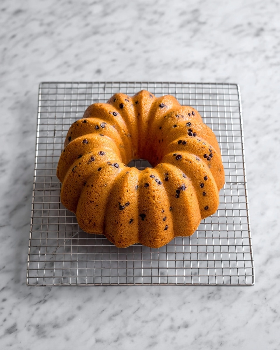 A single round bundt cake with a golden-brown color sitting on a silver wire cooling rack, which is placed on a white marbled surface. The cake has a scalloped edge with deep ridges, and small dark chocolate chips and lighter nut pieces are visible evenly spread throughout the cake. The lighting highlights the cake's soft, slightly textured surface, and the cake sits centered on the rack showing its full shape from above. photo taken with an iphone --ar 4:5 --v 7