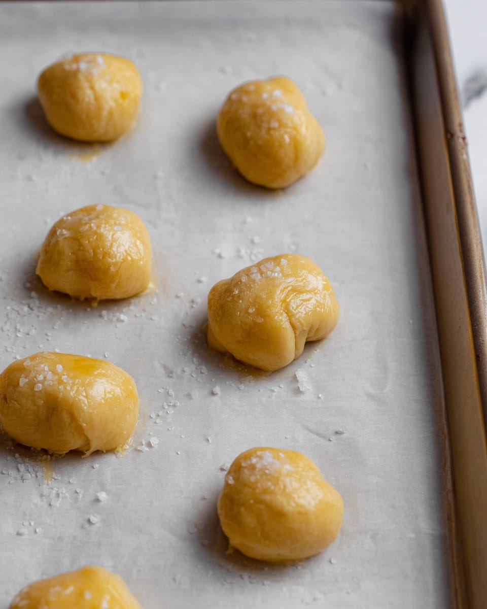 The image shows raw dough balls placed in three uneven rows on a baking tray lined with white parchment paper. Each dough ball is small, rounded but irregular in shape, with a shiny, slightly sticky surface that reflects light, and sprinkled lightly with coarse salt crystals. The dough has a pale golden yellow color with a smooth, soft texture visible. The baking tray edges are visible on the right side, and the background is a white marbled texture. photo taken with an iphone --ar 4:5 --v 7