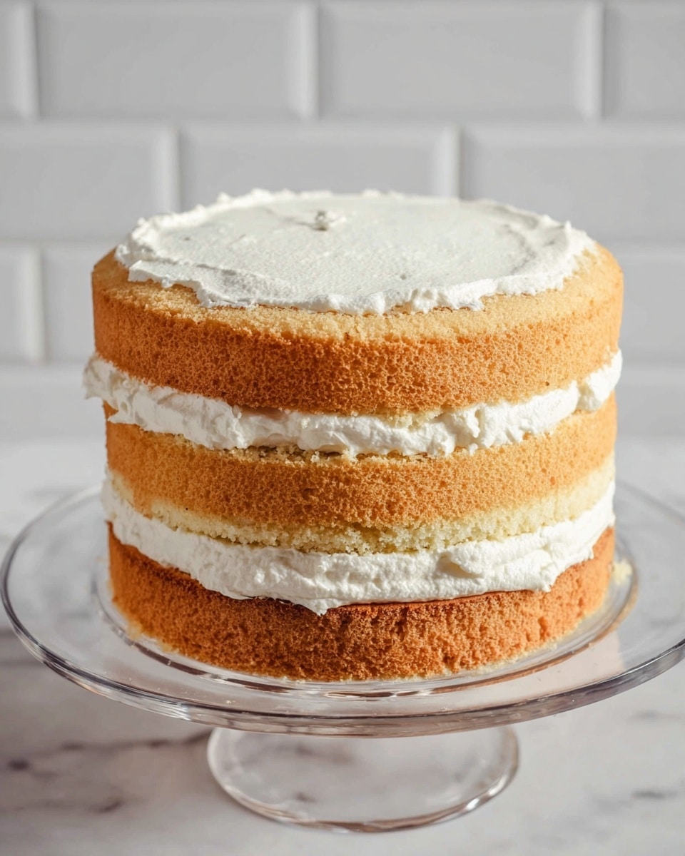 The image shows a three-layer vanilla sponge cake with two thick, uneven layers of white whipped cream frosting between each cake layer. The cake layers are light golden brown with a slightly coarse texture on the edges and smoother on the top. The cake stands on a clear glass cake stand that reflects some light, sitting on a white marbled surface. The background features white tiled walls. The overall look is simple and homemade, with visible texture contrast between the soft sponge and creamy frosting photo taken with an iphone --ar 4:5 --v 7