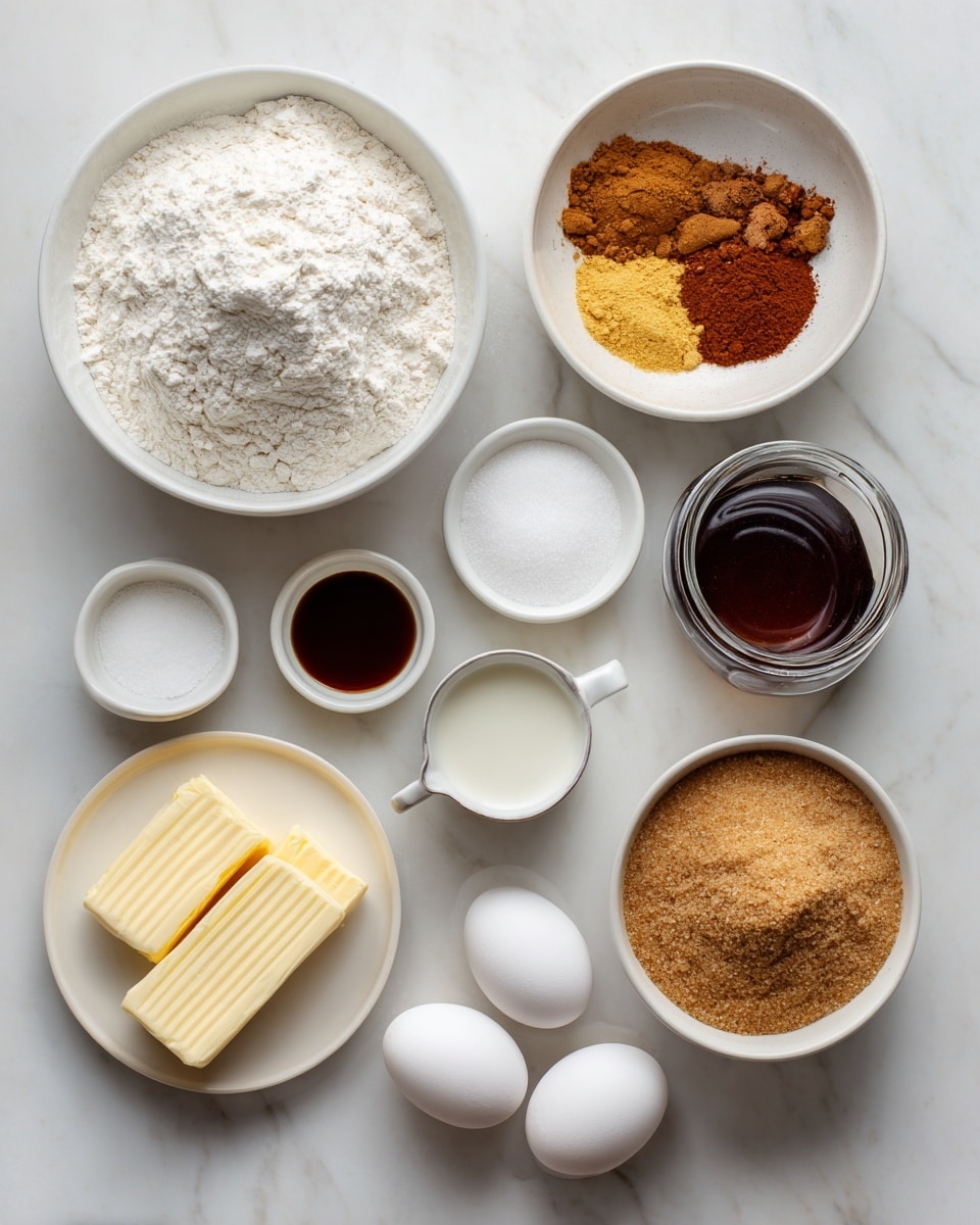 The image shows various baking ingredients arranged neatly on a white marbled surface. There is a large white bowl filled with white gluten-free flour at the top left. Next to it on the right, a small white bowl holds mixed gingerbread spices in rich shades of brown, orange, and yellow. Below that, two tiny white bowls contain white salt and white baking soda. Towards the bottom right, a bigger white bowl is filled with light brown, granulated brown sugar. To the left of it, a white plate holds two sticks of pale yellow vegan butter. Below the plate is a small white cup with dark brown vanilla extract. A clear glass with white non-dairy milk sits next to it. On the lower right, there are three white eggs forming a triangle. Near the center, there is a small glass jar filled with dark brown molasses. Everything is clear and simple, with ingredients separated and organized in white containers. Photo taken with an iphone --ar 4:5 --v 7