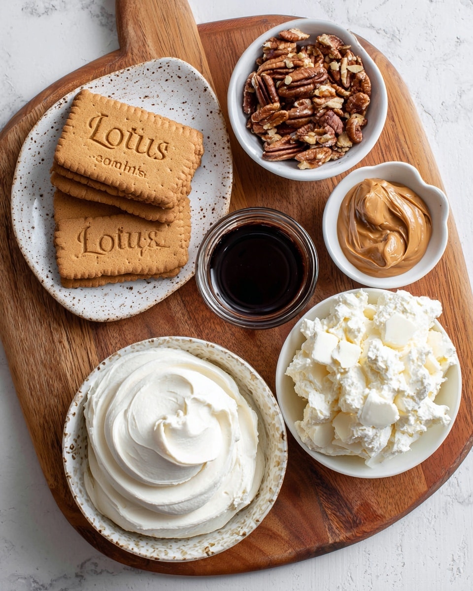 A wooden cutting board with five main white dishes arranged on it: top left is a white speckled plate stacked with light brown digestive biscuits or graham crackers that have
