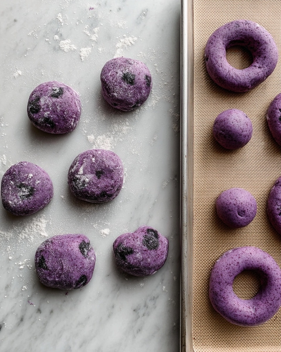 The image shows a white marbled surface with two types of purple dough pieces arranged on it. On the left side, ten rough, round purple dough balls with some dark spots of what looks like berries are placed loosely on flour-dusted marble. The dough balls have a soft, slightly textured surface with some flour patches. On the right side, there are five smaller, smoother purple dough balls placed on the marble near the edge of a metal baking tray lined with a non-stick silicone mat. Four dough pieces on the tray have been shaped into rings with visible berry spots, while one dough ball is beside the tray. The overall scene looks like a dough preparation step before baking. photo taken with an iphone --ar 4:5 --v 7