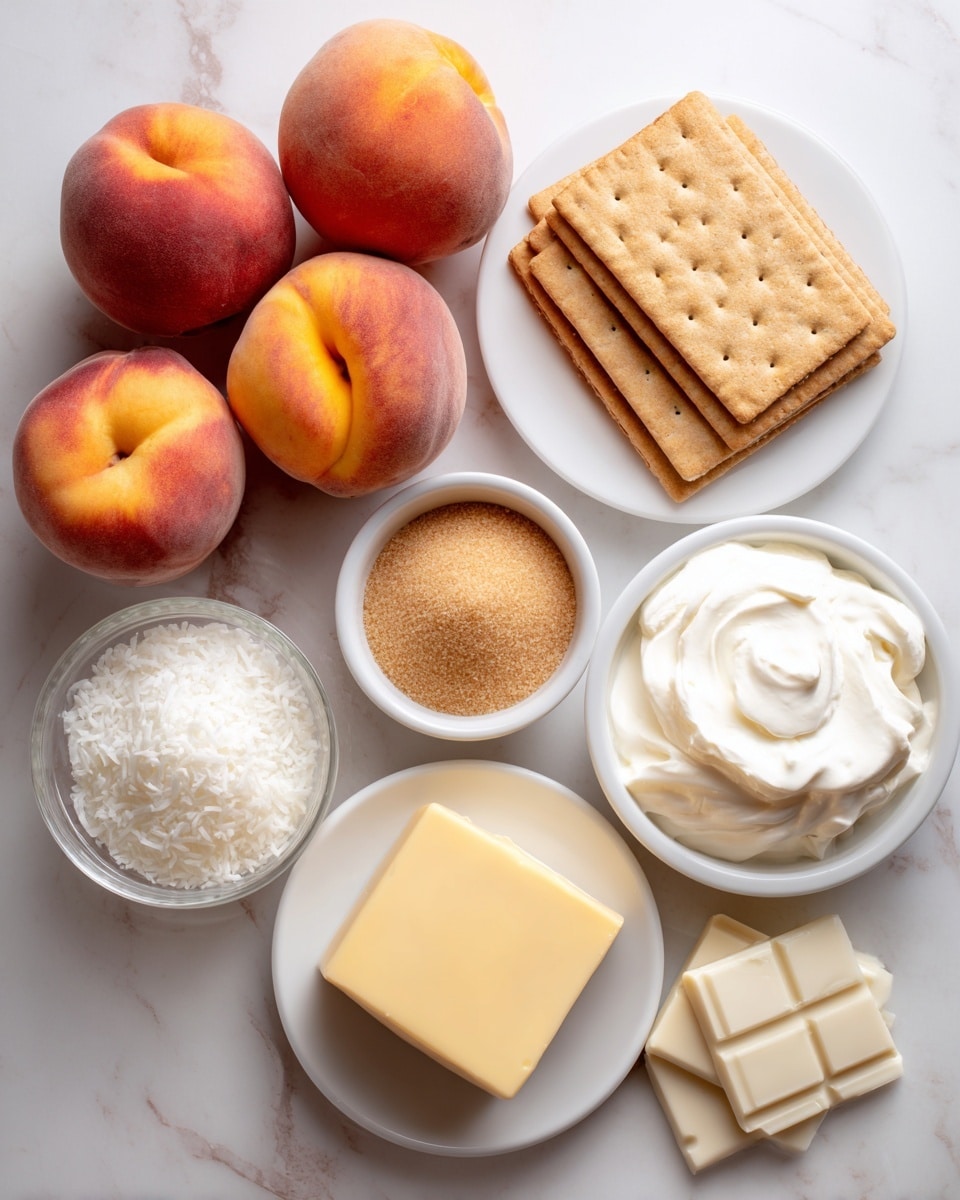 Three whole peaches with orange and pink skin are placed on a white marbled surface on the top left. To their right, a small pile of rectangular graham crackers with a light brown color is slightly overlapping. Below the peaches, there is a small white bowl filled with shredded white coconut. Next to it is another small white bowl filled with light brown brown sugar. Below the coconut and sugar, there is a white plate holding a yellow block of butter and next to it another white plate with a block of white cream cheese. To the right of the cream cheese is a small white bowl filled with white powdered sugar. Above the powdered sugar, a transparent glass bowl contains creamy white Cool Whip. Bottom left shows a small white bowl with orange peach jam. Near it is a few square pieces of white chocolate with a creamy off-white color scattered on the surface. The whole setup is on a smooth white marbled surface with soft lighting, photo taken with an iphone --ar 4:5 --v 7