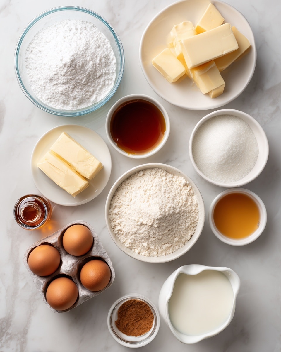 The image shows two sets of baking ingredients on a white marbled surface. On the left side, there is a clear glass bowl filled with powdered sugar sitting at the top center, a small white bowl with melted butter below it, a small white bowl of milk at bottom left, and a small honey bear bottle to the left of the milk. On the right side, there is a white bowl filled with all purpose flour near the top, two sticks of butter placed diagonally below it, a larger white bowl of white sugar to the right of the butter, a small white bowl holding three brown eggs below the flour, a small glass jug of buttermilk near the bottom right, a small white bowl of light brown sugar next to the buttermilk, a little container of vanilla extract between the eggs and buttermilk, and a small white plate of cinnamon at the bottom center. All the ingredients are neatly arranged and clearly visible. Photo taken with an iphone --ar 4:5 --v 7