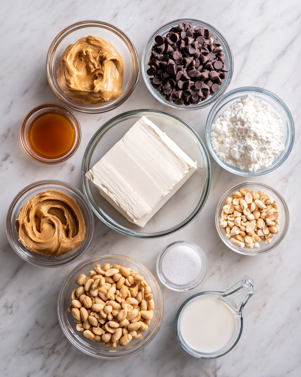 The image shows several clear glass bowls arranged neatly on a white marbled surface, each filled with different ingredients. In the center is a large bowl holding a block of smooth, white cream cheese. Above it, two small bowls hold mini chocolate chips, while a larger bowl beside them has regular chocolate chips, all dark brown and shiny. To the left, a small bowl contains thick, light brown peanut butter, and below it, two bowls with chopped light golden peanuts sit side by side. On the right, a small glass measuring cup holds light cream, and next to it is a bowl filled with white powdered sugar. A small bowl with light amber caramel sauce sits to the upper left. The simple setup highlights each ingredient’s texture and color clearly, photo taken with an iphone --ar 4:5 --v 7