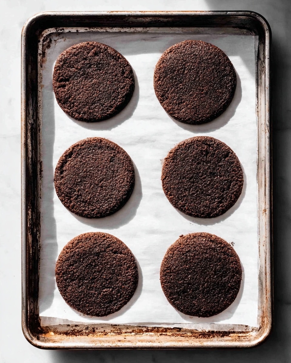 Six round, thin, dark brown cookies with a rough, slightly cracked surface are arranged in two columns of three on white parchment paper, which covers a metal baking tray with worn edges. The cookies are evenly spaced, and the whole setup rests on a white marbled surface with natural light casting soft shadows across the cookies and tray. photo taken with an iphone --ar 4:5 --v 7