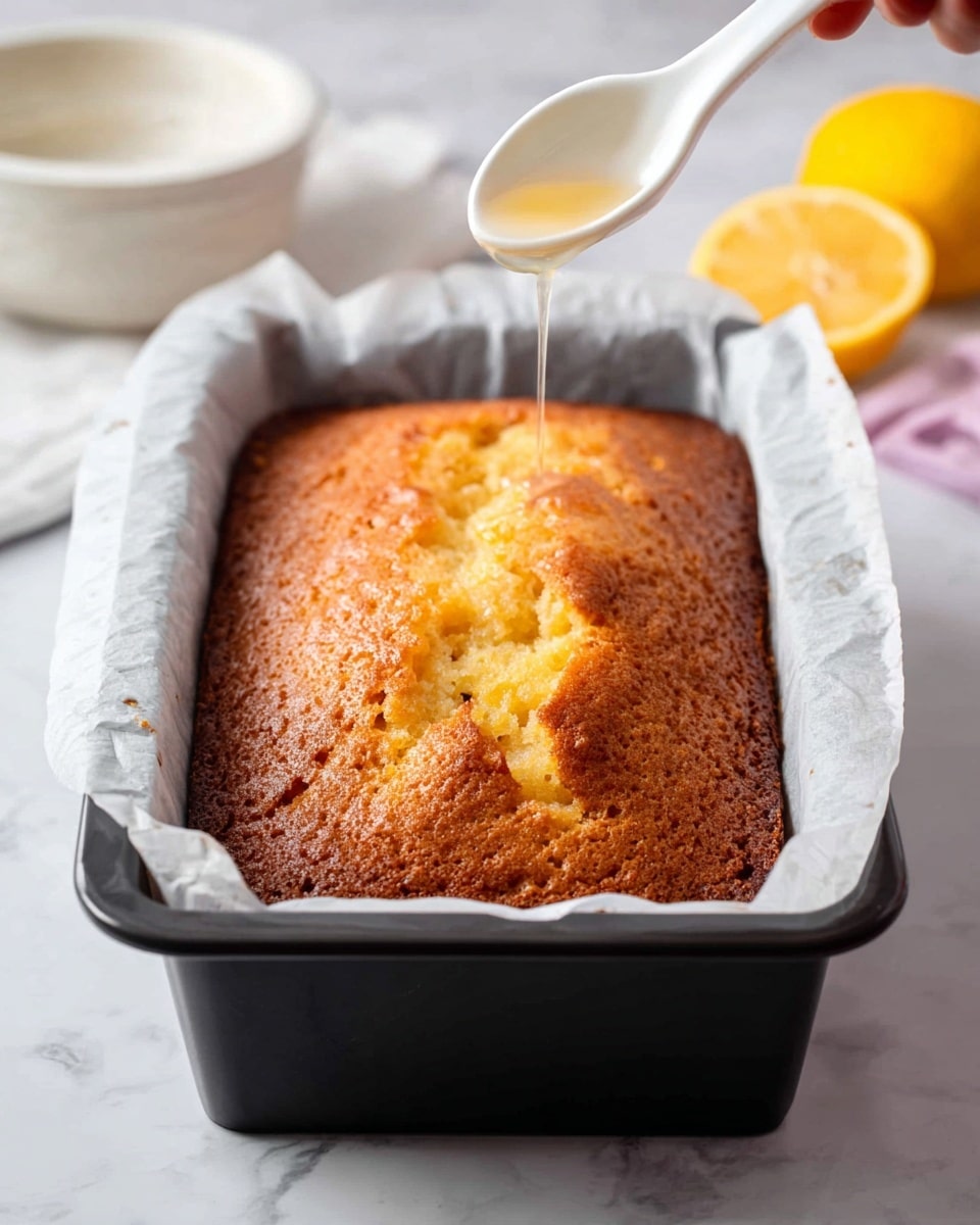 A golden brown cake with a slightly cracked and textured top sits in a black rectangular baking tin lined with white parchment paper. A white spoon held by a woman's hand is drizzling a thin stream of light glaze over the center of the cake. The cake looks moist and has an uneven surface with small air holes. In the background, there are two yellow lemon halves and a white bowl with details on the edge, all placed on a white marbled surface. photo taken with an iphone --ar 4:5 --v 7