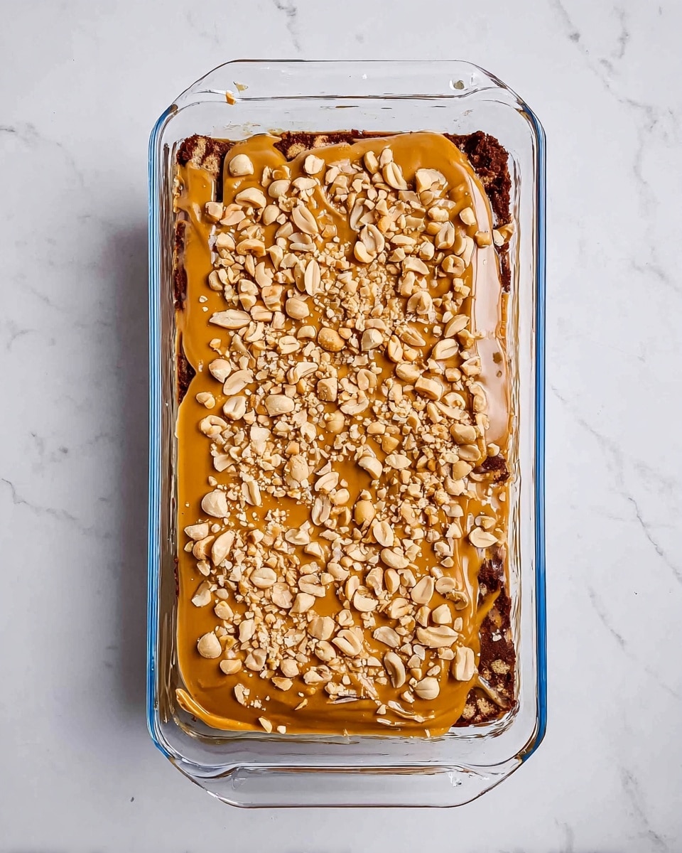 A rectangular glass dish filled with a layered dessert consisting of a bottom layer of dark brown pieces, a thick middle layer of light brown caramel or peanut butter sauce spread evenly across the top, and a generous sprinkle of chopped peanuts covering the entire surface. The dish is placed on a white marbled surface. photo taken with an iphone --ar 4:5 --v 7