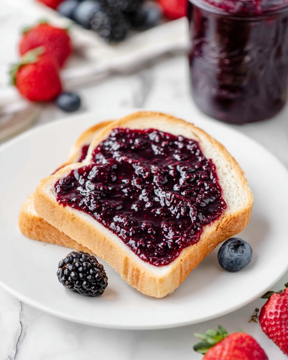 Two slices of white bread with a thick, dark purple jam spread evenly on top, placed on a white plate. The jam has a shiny and slightly textured look, covering almost the entire surface of the bread slices. On the plate next to the bread, there are a few fresh berries including one blackberry and one blueberry. The plate sits on a white marbled surface with some strawberries, blackberries, and blueberries scattered around. A jar filled with the same dark purple jam is blurred in the background. photo taken with an iphone --ar 4:5 --v 7