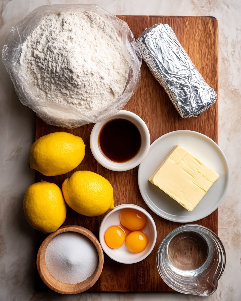 The image shows ingredients arranged neatly on a wooden surface with a white marbled texture background. At the top left, there is a large clear bag filled with white flour. To the right of it is a silver foil-wrapped stick of butter. Below the flour, three bright yellow lemons are placed side by side. To the right of the lemons, there is a small white bowl filled with a brown liquid, likely vanilla or syrup. Beneath the lemons, a small light wooden bowl holds fine white powdered sugar. Next to it, a white bowl contains three raw eggs with orange yolks. On the right side, a small white plate holds a pale yellow square piece of butter. Finally, at the bottom right, there is a glass measuring cup with clear water. The light is warm and soft, showing good detail in the textures of each ingredient. photo taken with an iphone --ar 4:5 --v 7