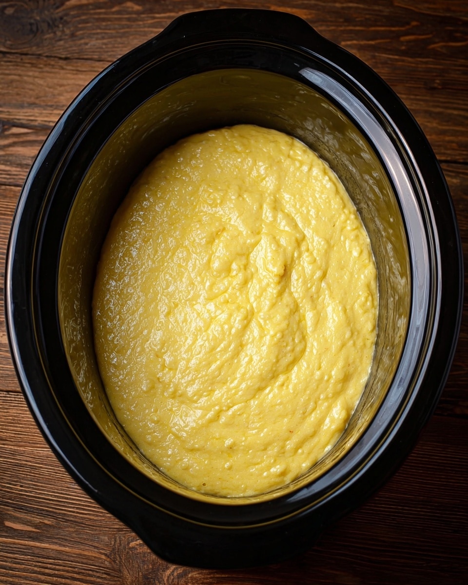 The image shows a single layer of yellow, smooth batter spread evenly inside a shiny black slow cooker pot. The batter has a soft, slightly lumpy texture with some small air bubbles visible, and it fills most of the oval-shaped pot's base. The pot sits on a wooden surface. photo taken with an iphone --ar 4:5 --v 7