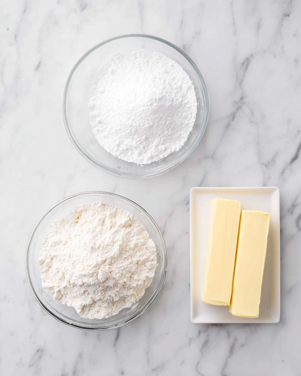 The image shows three separate ingredients on a white marbled surface: one round clear glass bowl filled with white powdered sugar at the top left, another round clear glass bowl filled with white flour with a slightly uneven texture at the bottom left, and two long sticks of pale yellow butter placed side by side on a small white rectangular plate positioned to the right of the bowls. photo taken with an iphone --ar 4:5 --v 7