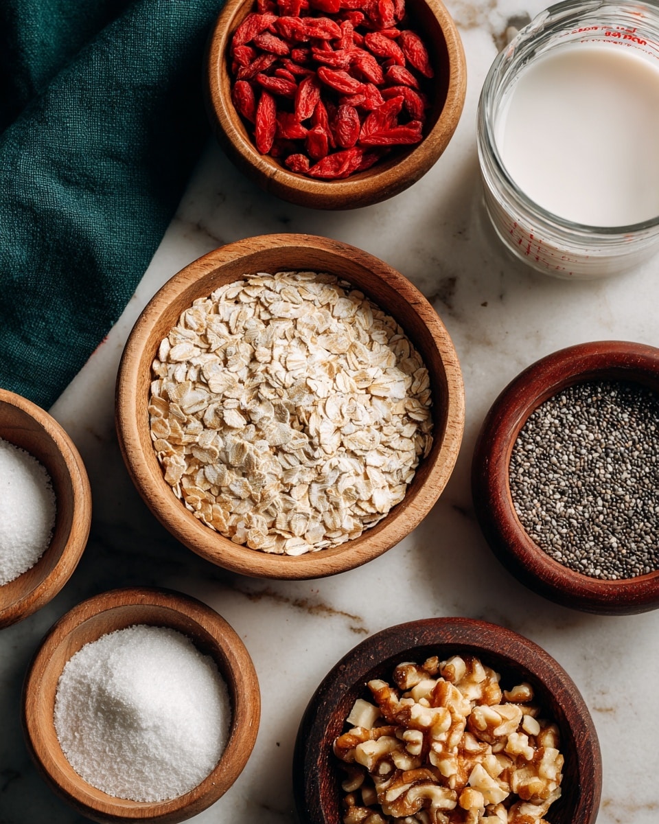 The image shows seven small wooden and glass bowls arranged on a white marbled surface with a dark green cloth in the top left corner. The largest bowl is filled with light beige quick oats, showing a slightly rough and flaky texture. Above it, a wooden bowl holds bright red dried fruit pieces, roughly torn with a dry, crumbly look. To the right, a dark wooden bowl is filled with chopped light brown nuts, having a rough and uneven texture. Near the nuts, a small white bowl contains tiny black and white chia seeds with a smooth and shiny surface. Below the oats, a wooden bowl is filled with fine white powdered milk, appearing fluffy. Next to it, another wooden bowl contains white granulated sugar with a sparkling texture. Above the sugar bowl, a clear glass measuring cup is filled with transparent water. Each ingredient is clearly labeled in black text on white blocks. Photo taken with an iphone --ar 4:5 --v 7