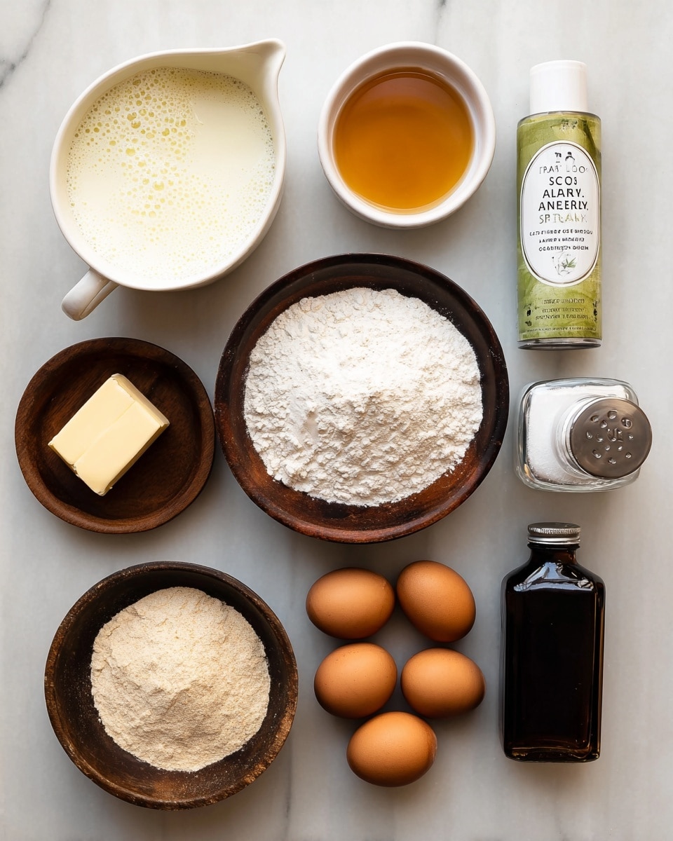A flat lay of baking ingredients arranged neatly on a white marbled surface: at the top left, a rounded white pitcher filled with milk showing bubbles on the surface; next to it, a small white bowl filled with amber maple syrup; a can of avocado oil spray with white and green labels stands to the right. Below the pitcher, a small dark wooden bowl holds a square piece of butter. In the center, a slightly larger dark wooden bowl is filled with white flour, while below it, an even larger dark wooden bowl contains whole wheat flour with a slightly coarse texture. Three brown eggs sit in a row between the flour bowls and the avocado oil spray. At the bottom right, there is a tall, clear glass salt shaker with a silver top and a round black label marked