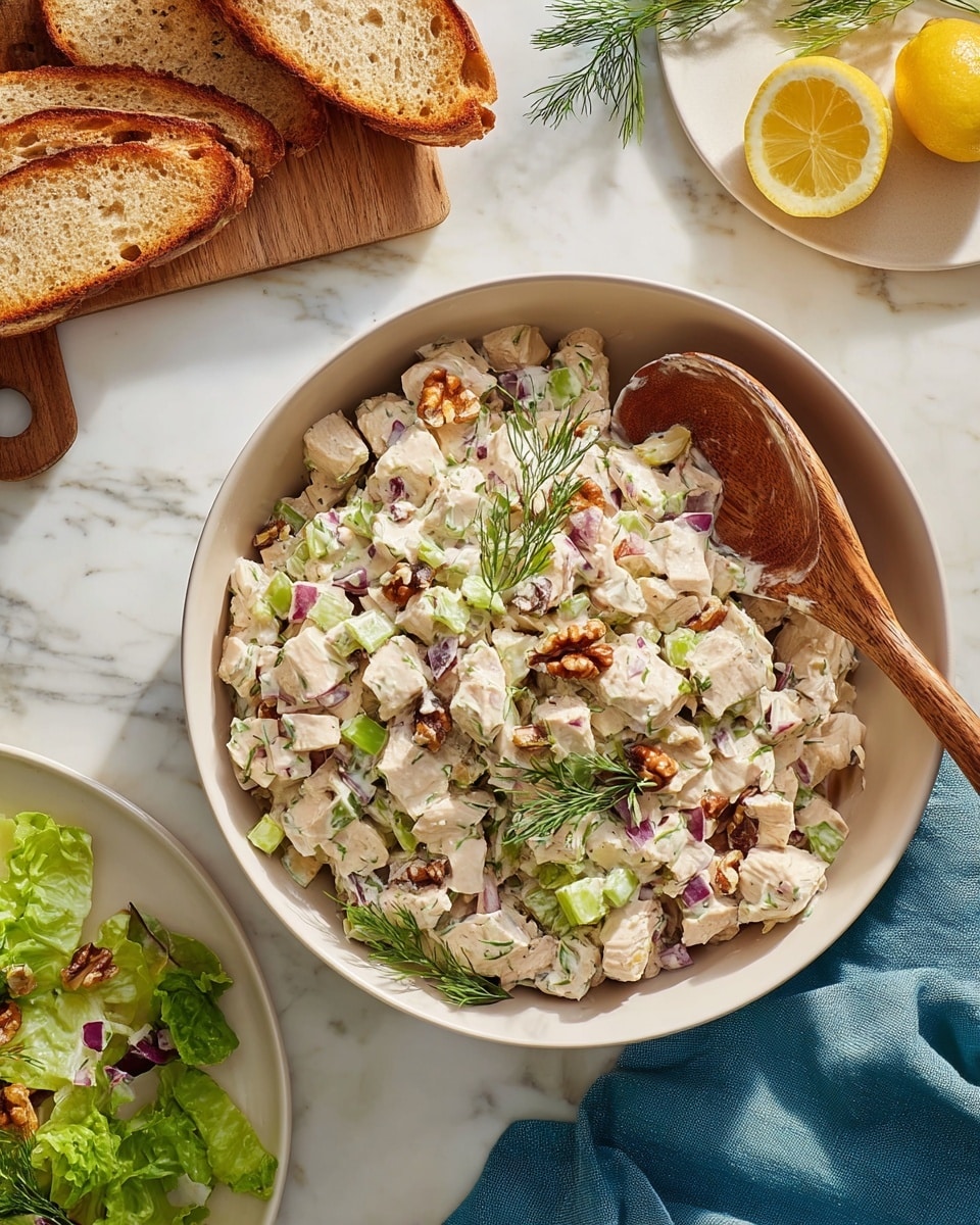 A large white bowl filled with three layers of chopped chicken mixed with creamy dressing, small pieces of green celery, red onion, and bits of brown nuts, topped with sprigs of fresh green dill. A wooden spoon rests inside the bowl on the right side, partially coated with the salad. The bowl sits on a white marbled surface with a blue napkin slightly visible underneath on the right. To the left, there is a white plate holding three slices of toasted bread, and a light green salad with different shades of fresh lettuce sits partially visible at the bottom left corner. A wooden cutting board with some fresh herbs and two lemon halves is placed above the bowl, completing the scene. photo taken with an iphone --ar 4:5 --v 7