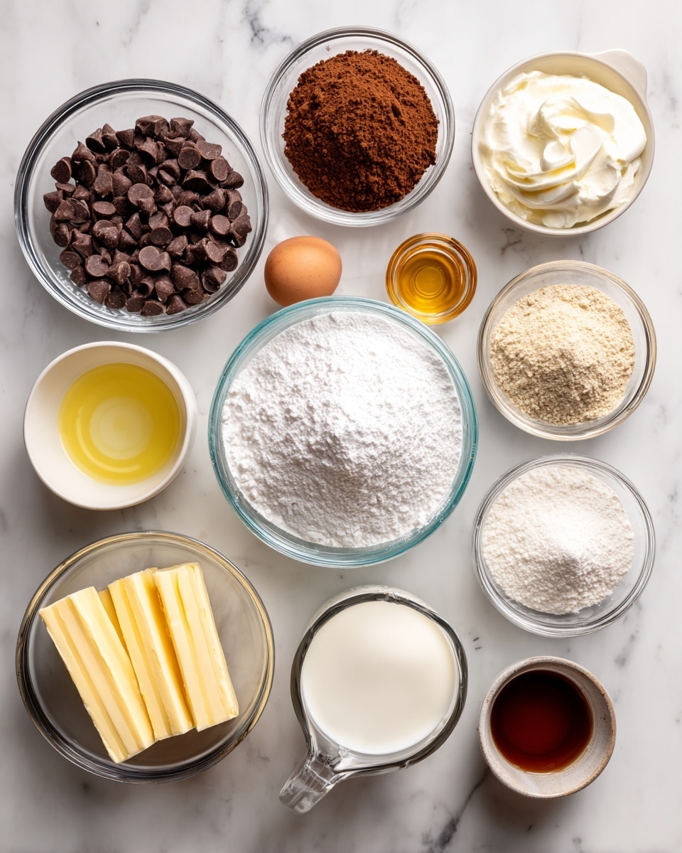 The image shows clear glass bowls and measuring cups placed on a white marbled surface, each filled with different baking ingredients. The largest bowl in the center holds a light white powder labeled powdered sugar. Surrounding it are smaller bowls and cups containing dark brown chocolate chips, light brown cocoa powder, fine white sugar, beige all-purpose flour, and a small amount of white salt. There are also liquid ingredients: a clear measuring cup with water, a small amount of light yellow vegetable oil, a pale off-white heavy cream in a bowl, a small cup with an egg, a small cup with creamy white milk, and a tiny container holding amber-colored vanilla extract. Two sticks of pale yellow butter are also placed near the center on the surface. Each ingredient is well separated, and all containers are transparent, showing the colors and textures clearly. photo taken with an iphone --ar 4:5 --v 7