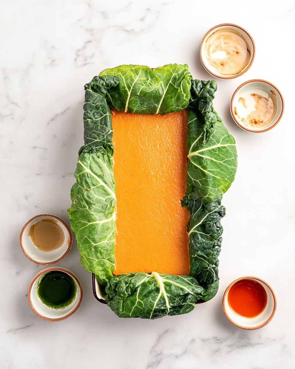 A rectangular dish is shown on a white marbled surface, wrapped with large, dark green leafy greens that form a thick border around an orange, smooth filling inside the center. The leaves have a slightly shiny texture and visible veins, with some white parts of the stems peeking out. Above the dish, there are four small, round white bowls with brown rims, each containing a different colored sauce residue—orange, light beige with streaks, dark green with swirls, and reddish-orange. The overall setting is clean and bright, emphasizing the contrast between the vibrant green leaves and the warm orange filling photo taken with an iphone --ar 4:5 --v 7