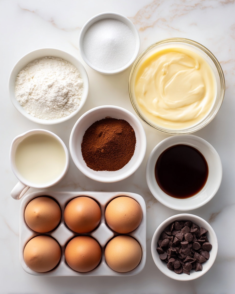 The image shows a top-down view of several small white bowls and a white egg tray arranged neatly on a white marbled surface. There are seven whole brown eggs in an egg tray at the bottom center. Above and to the right is a clear white bowl filled with smooth, light yellow sweetened condensed milk. To the left of that is a small white cup filled with pale creamy evaporated milk. On the top left is a white bowl filled with white granulated sugar, next to a smaller white cup holding brown cinnamon powder. Below the cinnamon is another white bowl with dark brown cocoa powder. On the right side of the cocoa powder is a small white bowl filled with dark liquid vanilla extract. Below the sugar bowl is a white bowl full of dark brown chocolate chips. The colors and textures are clean and simple, with powders, liquids, and solid eggs all separated clearly. Photo taken with an iphone --ar 4:5 --v 7