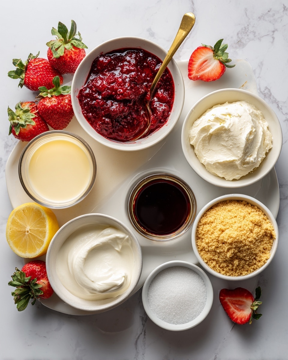 A top-down view of a white plate filled with separate white bowls and glasses of ingredients arranged neatly on a white marbled surface. The largest bowl at the top left holds deep red strawberry compote with whole strawberries and a gold spoon inside. Below it, to the center left, there is a glass of pale yellow sweetened condensed milk, next to a half lemon with bright yellow pulp. Centered is a bowl of creamy off-white cream cheese with a smooth texture. To the right of that are three small bowls: one filled with white heavy cream, another with dark brown vanilla extract showing a shiny liquid surface, and the third with white granulated sugar fine grains. At the bottom right, there is a bowl filled with golden-brown graham cracker crumbs with a crumbly texture. Fresh strawberries and strawberry halves with green leaves are scattered around the containers, adding bright red and green colors. Photo taken with an iphone --ar 4:5 --v 7